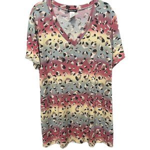 Heimish Womens Top L Relaxed V Neck Pink Blue Beige Leopard Soft Short Sleeve